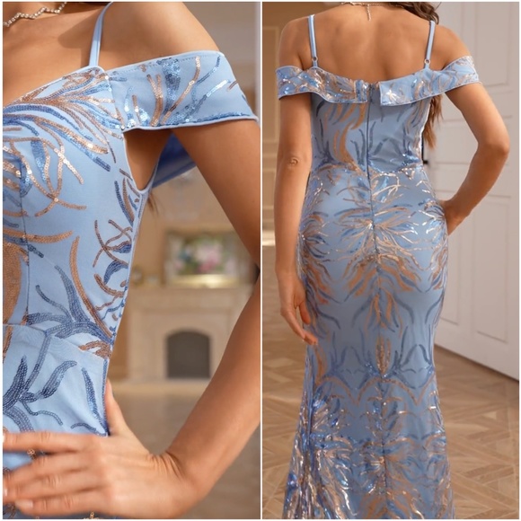 Luxe Baby Blue Sequin Cold Shoulder Party Evening Wedding Prom Dress - Picture 4 of 13